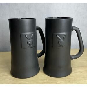 Playboy Mug Stein Embossed Pewter Frost Heavy Glass Clear Bottom Lot of 2